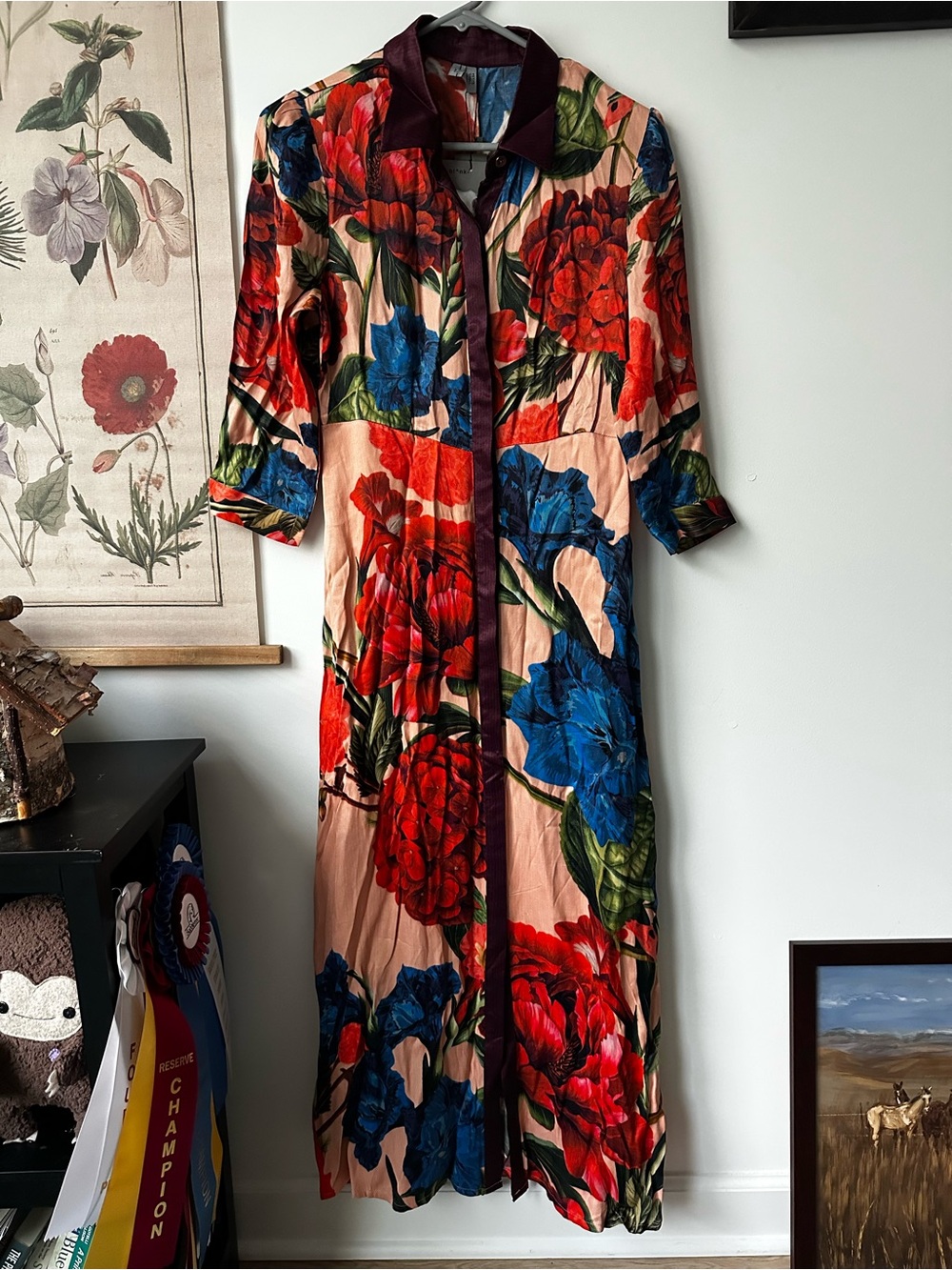 NWT Bl^nk Anthropologie Floral Midi Button Shirt Dress Sleeves Multi Petite S - Picture 3 of 13